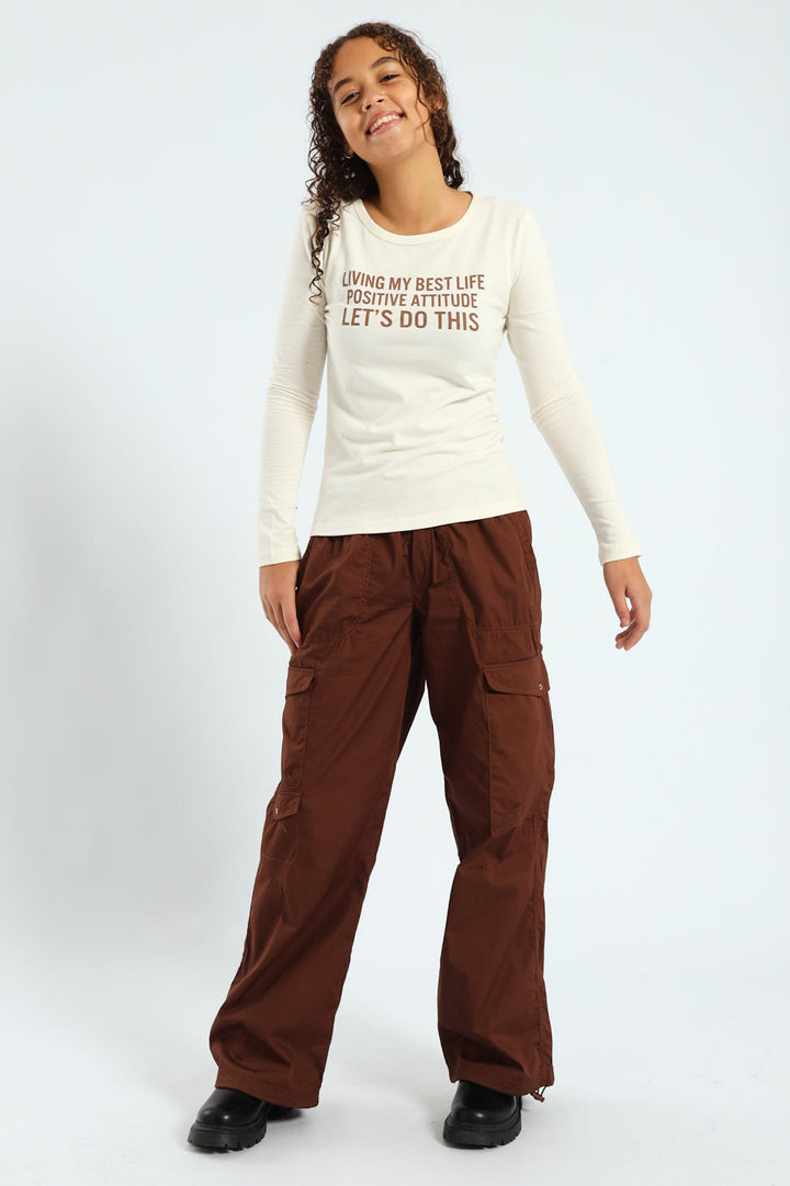 Girls Multi Pocket Parachute Pants - Brown