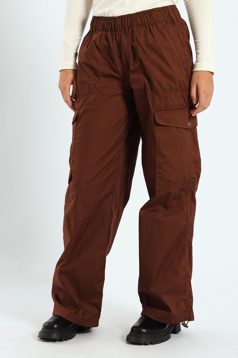 Girls Multi Pocket Parachute Pants - Brown