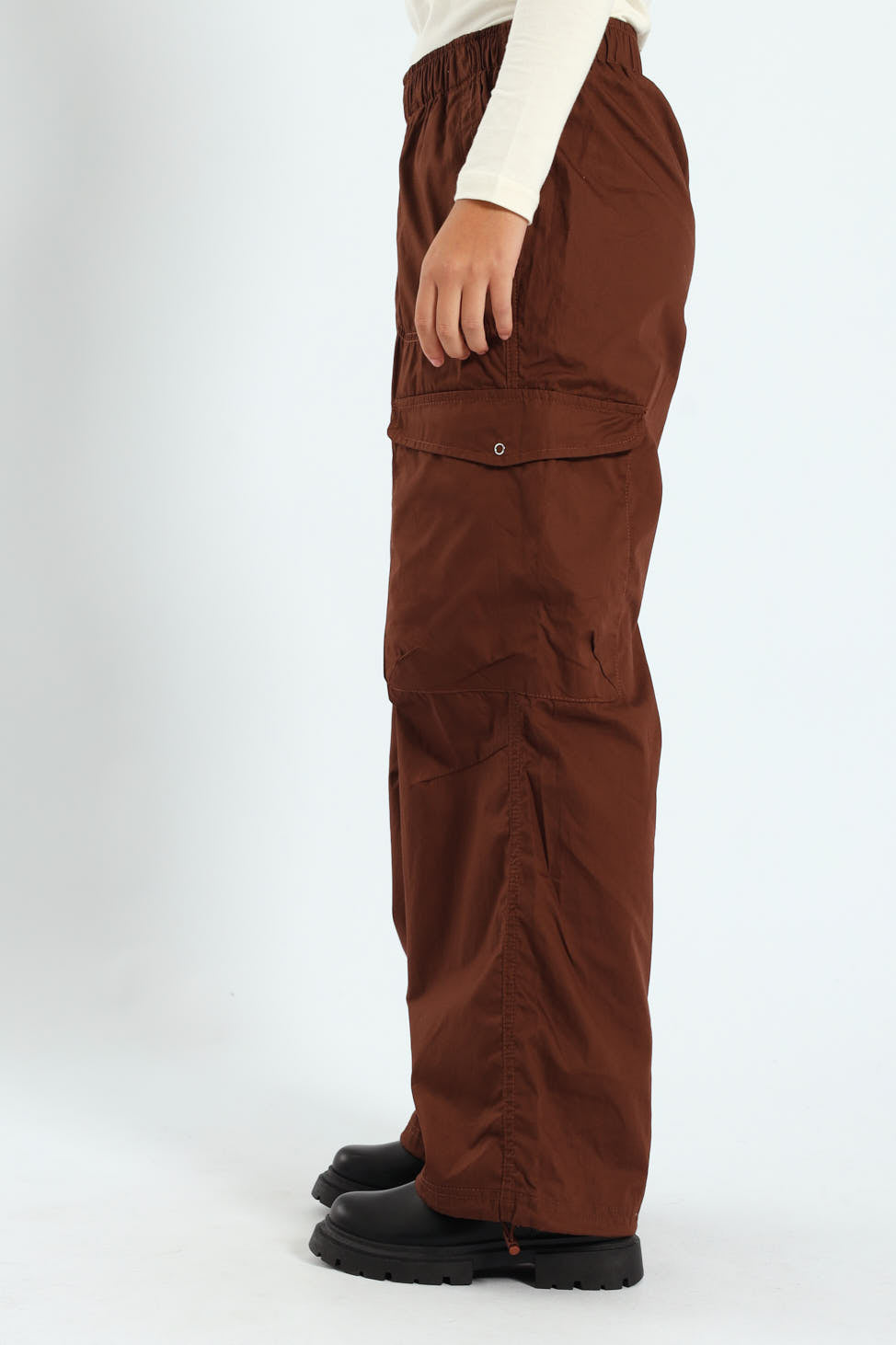 Girls Multi Pocket Parachute Pants - Brown