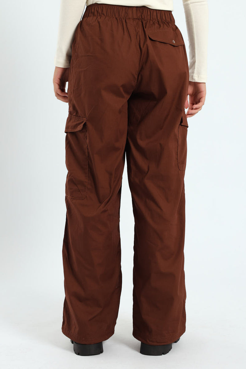 Girls Multi Pocket Parachute Pants - Brown