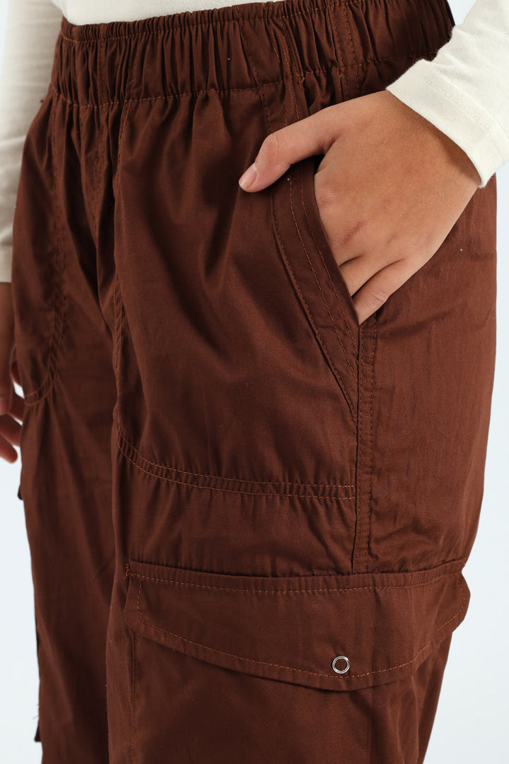 Girls Multi Pocket Parachute Pants - Brown