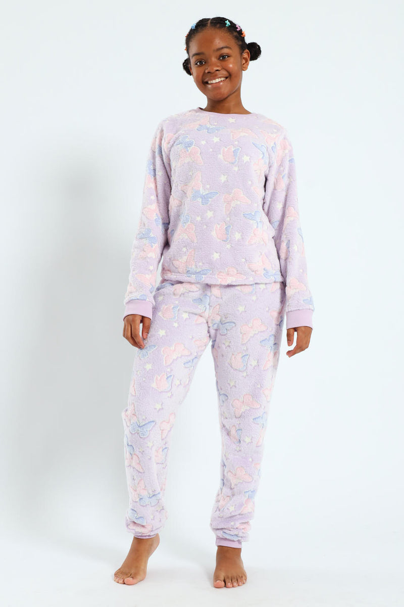 Girls Glow In The Dark Stars Long Sleeve Sleep Set - Purple/Pink