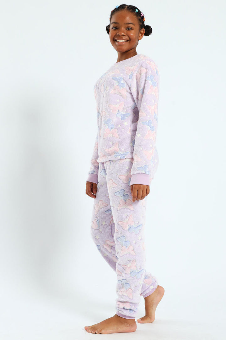 Girls Glow In The Dark Stars Long Sleeve Sleep Set - Purple/Pink