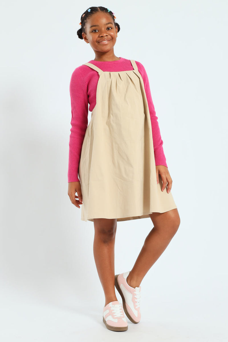 Girls Pleated Pinafore Dress - Stone