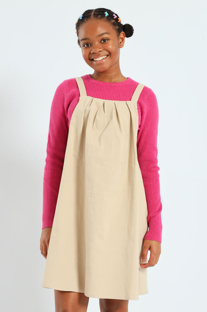 Girls Pleated Pinafore Dress - Stone