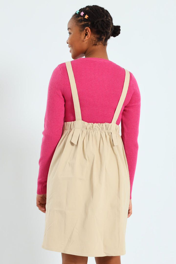 Girls Pleated Pinafore Dress - Stone