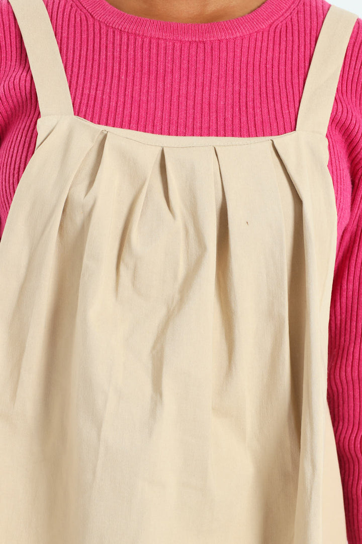 Girls Pleated Pinafore Dress - Stone