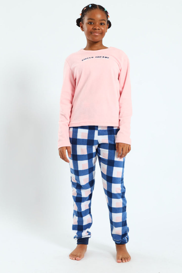 Girls Check Bottoms Sleep Set - Pink