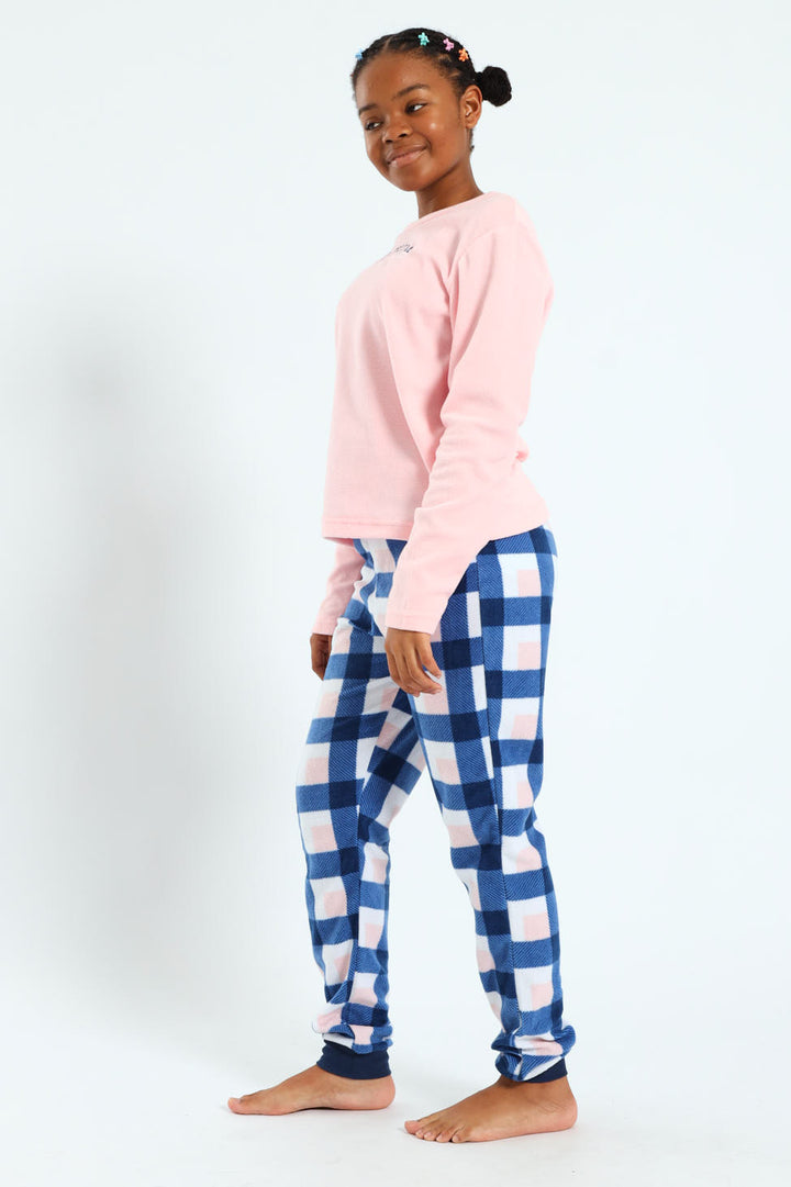 Girls Check Bottoms Sleep Set - Pink