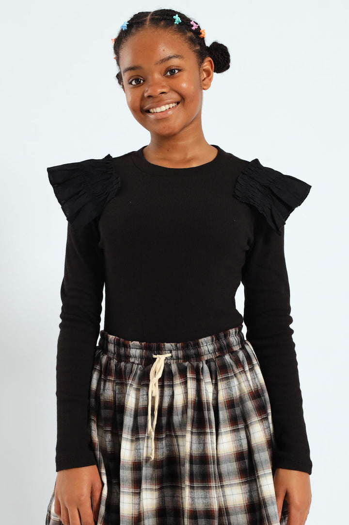 Girls Frilled Sleeve Bodysuit - Black