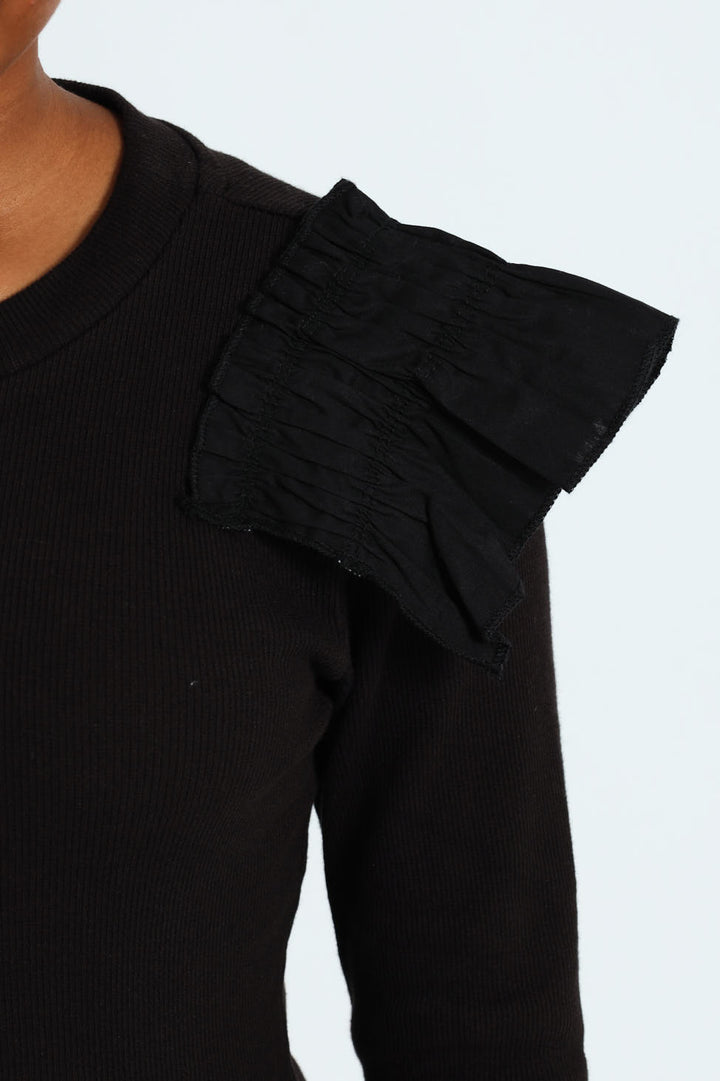 Girls Frilled Sleeve Bodysuit - Black