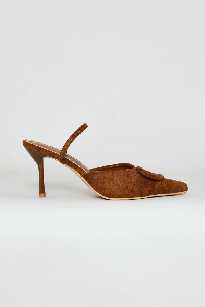Self Fabric Trim Elastic Slingback Kitten Heel - Tan