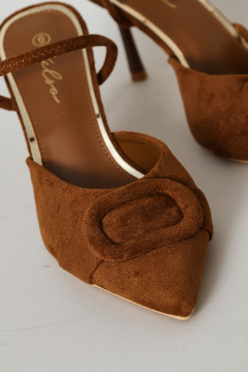 Self Fabric Trim Elastic Slingback Kitten Heel - Tan