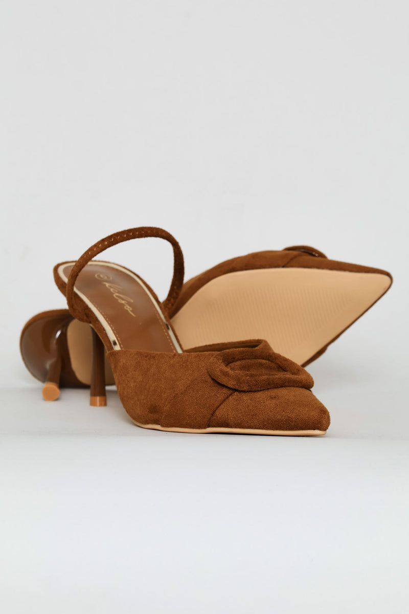 Self Fabric Trim Elastic Slingback Kitten Heel - Tan