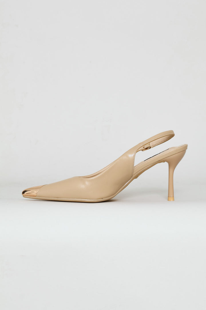 Metal Toe Cap Slingback Kitten Heel - Natural