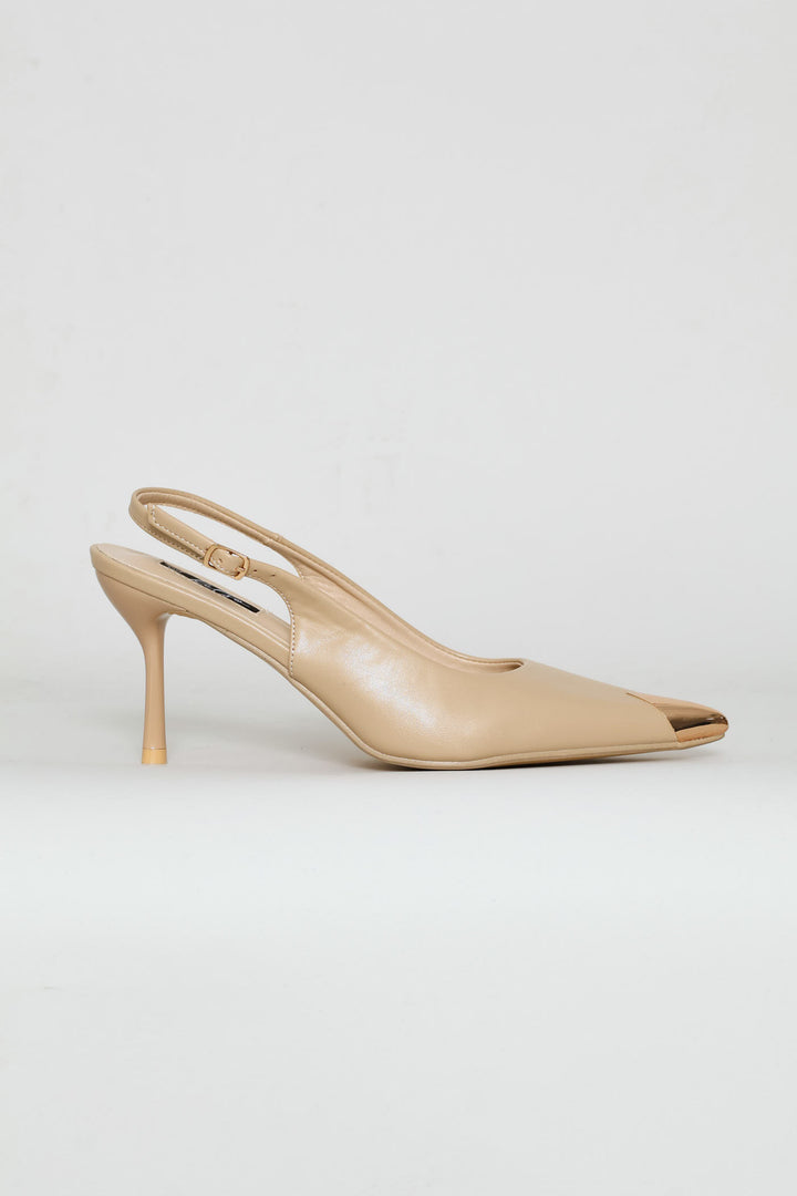 Metal Toe Cap Slingback Kitten Heel - Natural