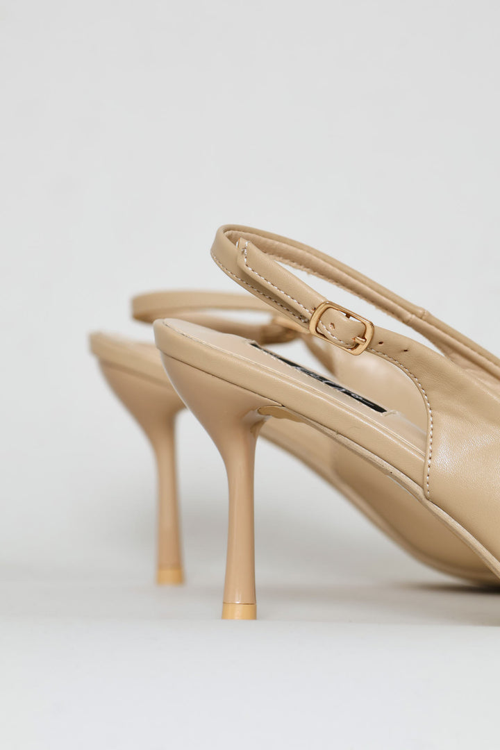 Metal Toe Cap Slingback Kitten Heel - Natural