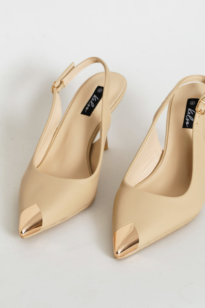 Metal Toe Cap Slingback Kitten Heel - Natural