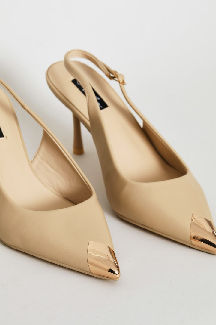 Metal Toe Cap Slingback Kitten Heel - Natural