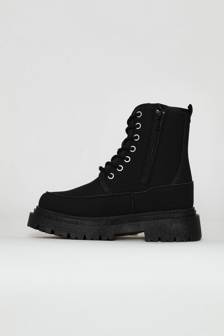 Girls Eyelet Military Boot - Black