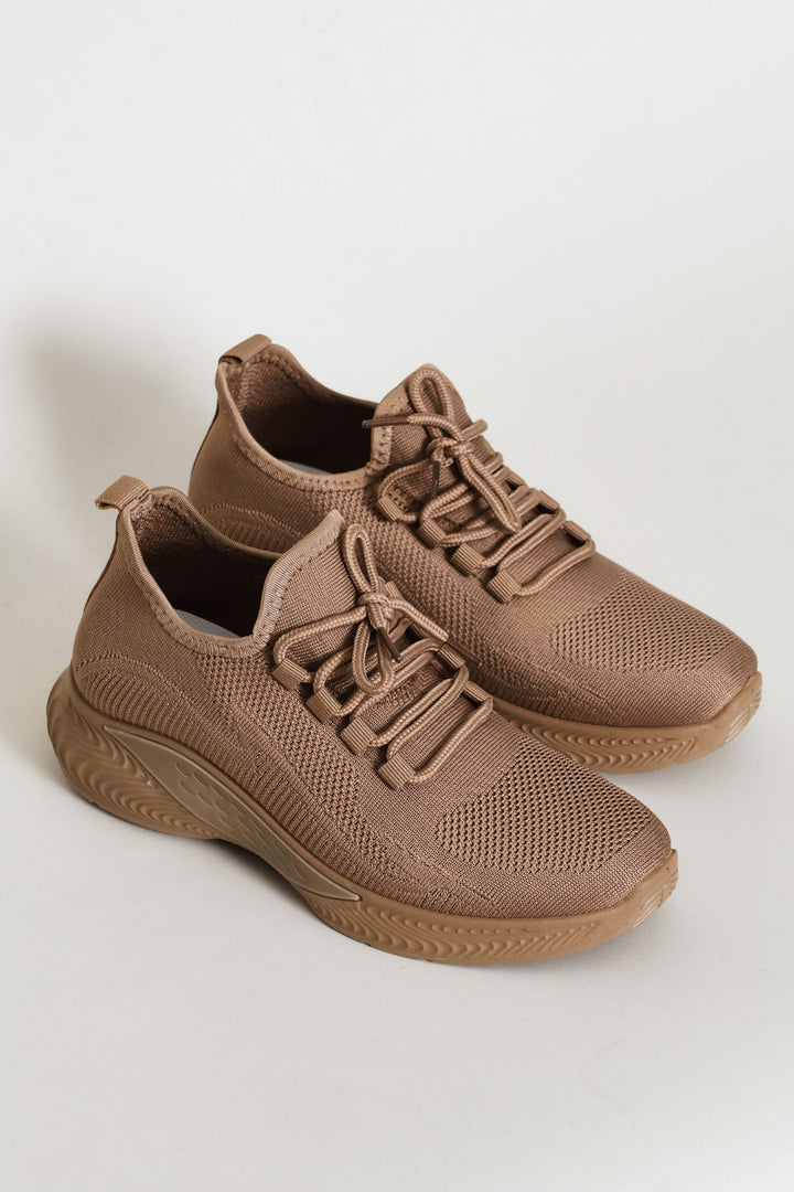 Basic Fly Knit Lace Up Slip On Sneaker - Taupe
