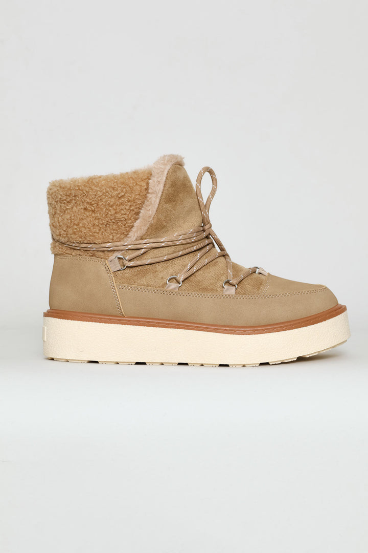Fleece Lace Up Snow Boot - Taupe