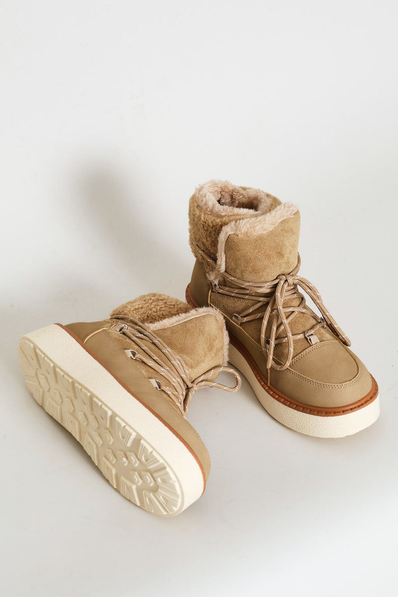 Fleece Lace Up Snow Boot - Taupe