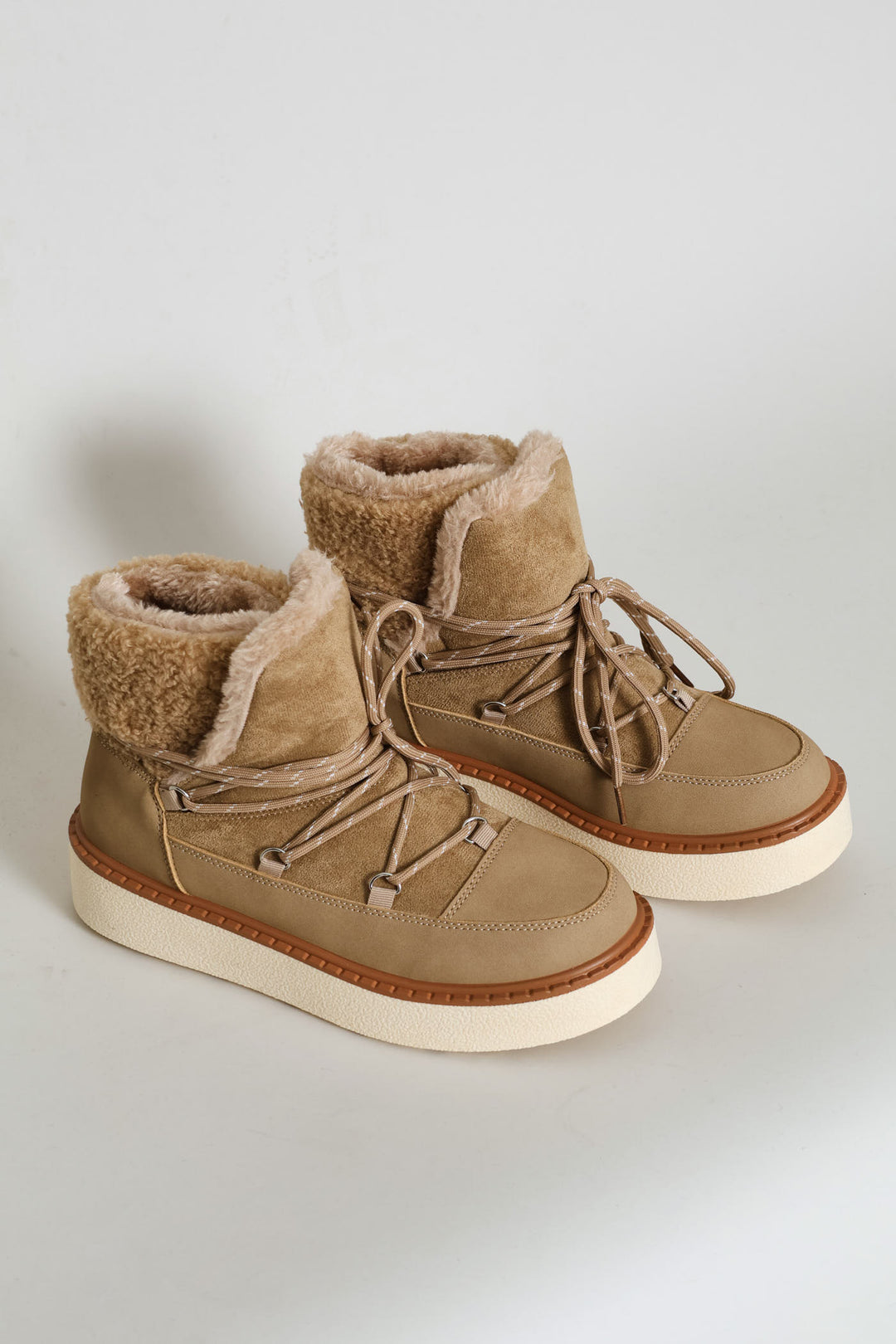 Fleece Lace Up Snow Boot - Taupe