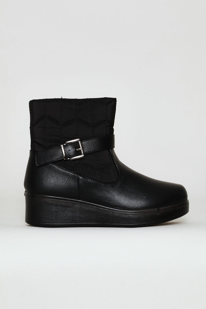 Yasmeen Quilted Buckle Wedge Ankle Boot - Black