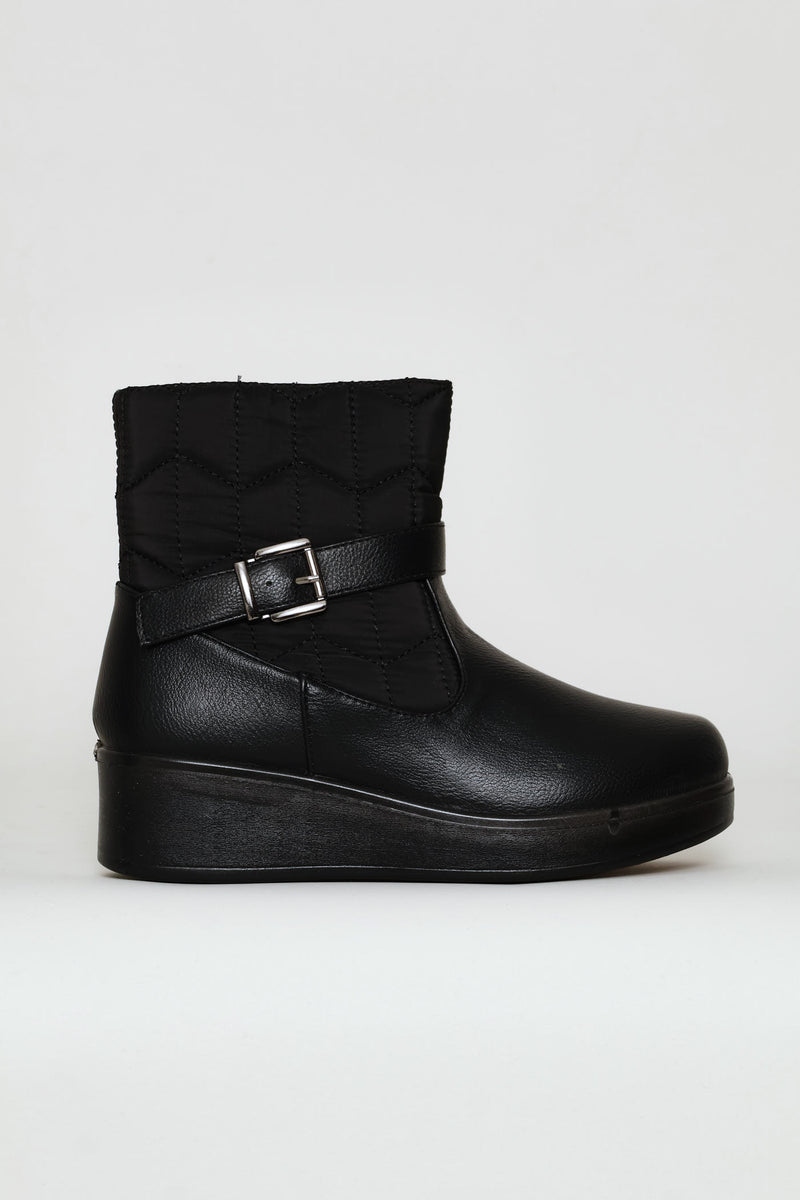 Yasmeen Quilted Buckle Wedge Ankle Boot - Black