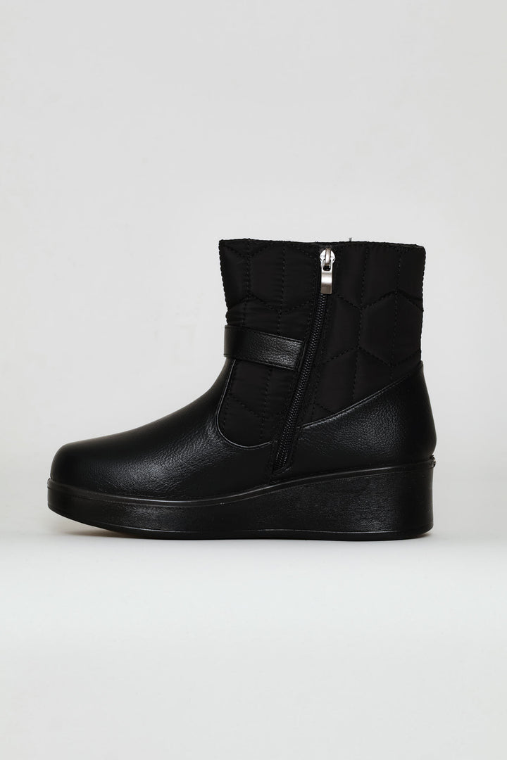 Yasmeen Quilted Buckle Wedge Ankle Boot - Black