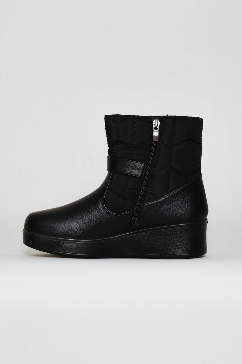 Yasmeen Quilted Buckle Wedge Ankle Boot - Black