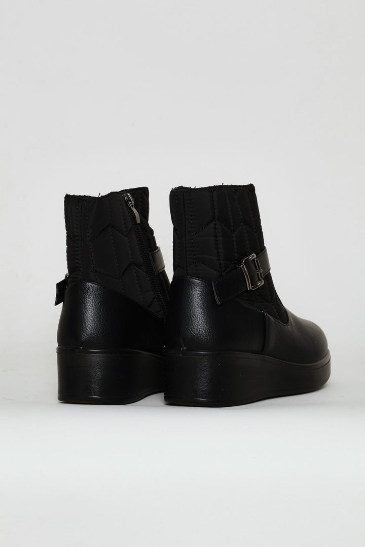 Yasmeen Quilted Buckle Wedge Ankle Boot - Black