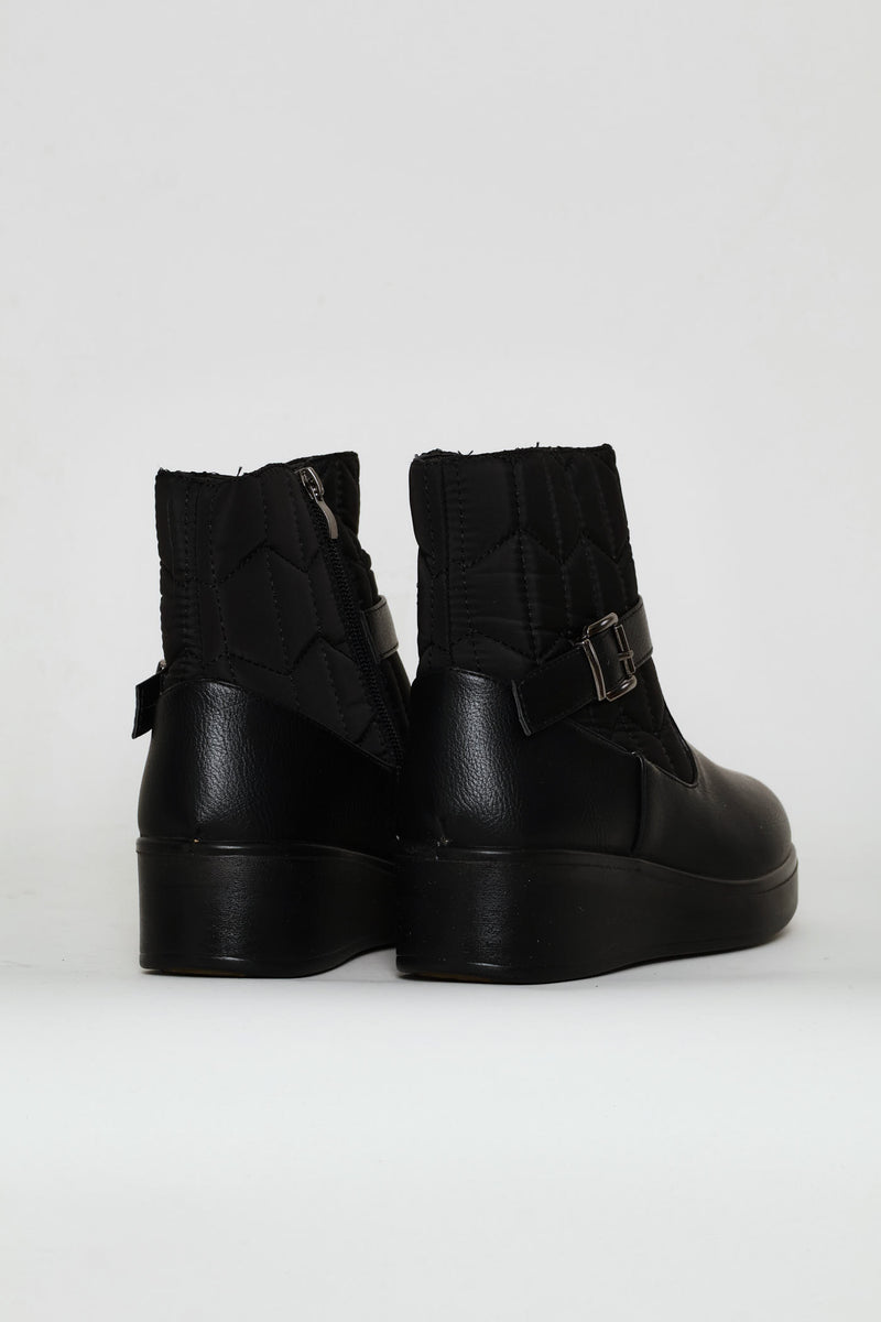 Yasmeen Quilted Buckle Wedge Ankle Boot - Black