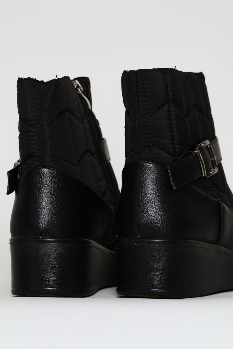 Yasmeen Quilted Buckle Wedge Ankle Boot - Black