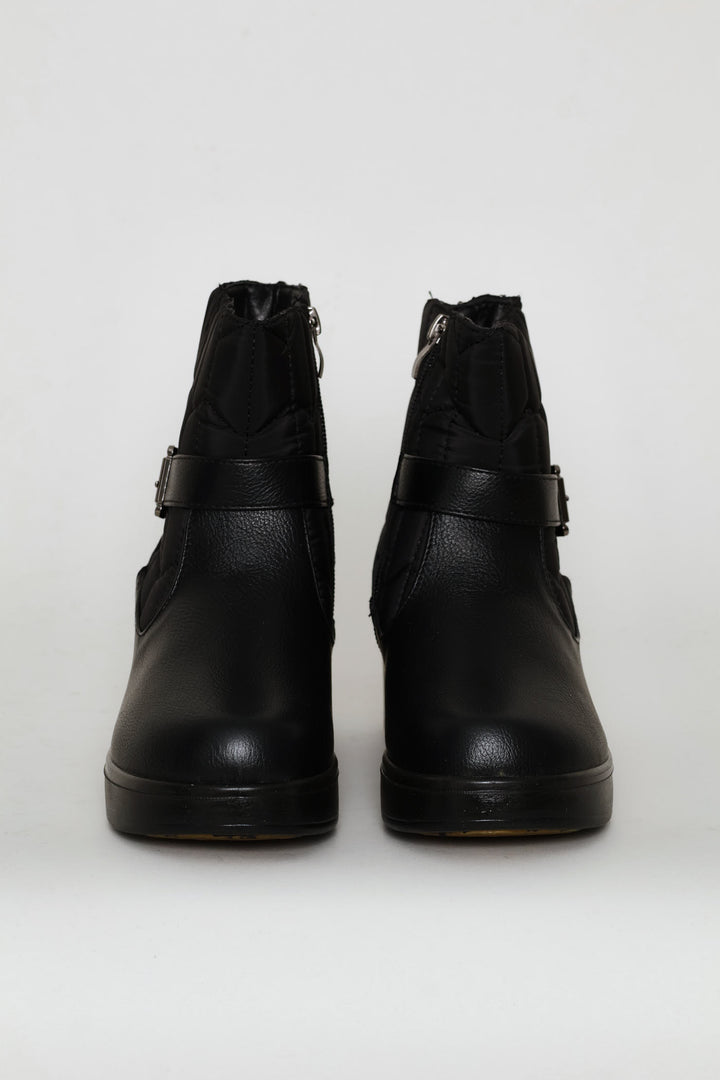 Yasmeen Quilted Buckle Wedge Ankle Boot - Black