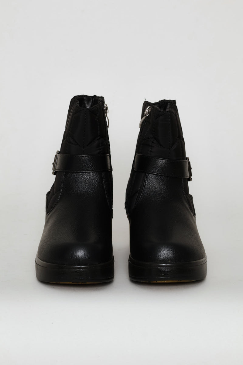 Yasmeen Quilted Buckle Wedge Ankle Boot - Black