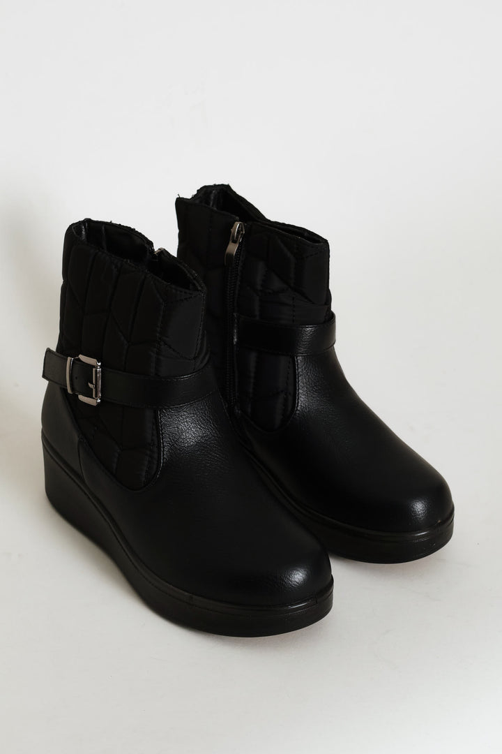 Yasmeen Quilted Buckle Wedge Ankle Boot - Black