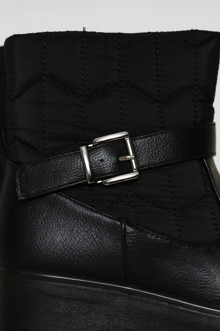 Yasmeen Quilted Buckle Wedge Ankle Boot - Black