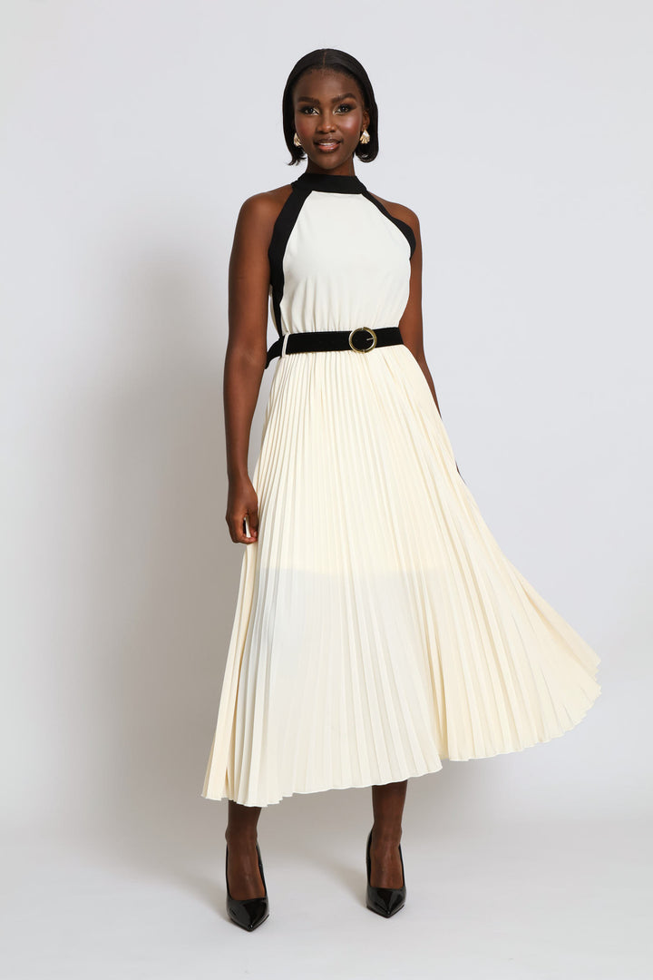 Halter Neck Pleated Maxi Dress - Cream/Black