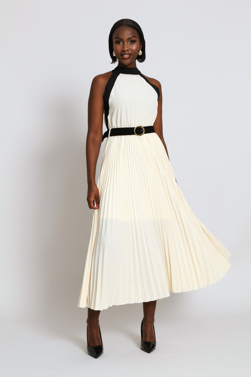 Halter Neck Pleated Maxi Dress - Cream/Black