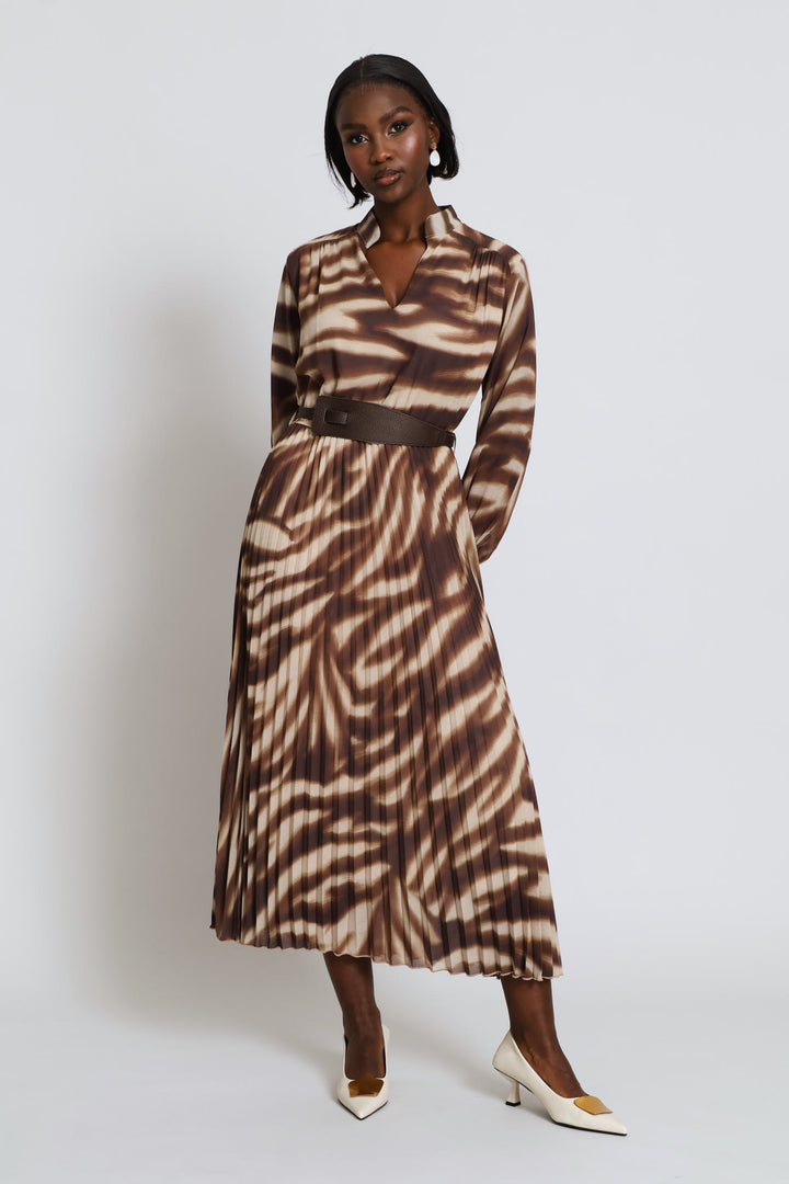 V-Neck Belted Pleated Maxi Shirt Dress - Brown