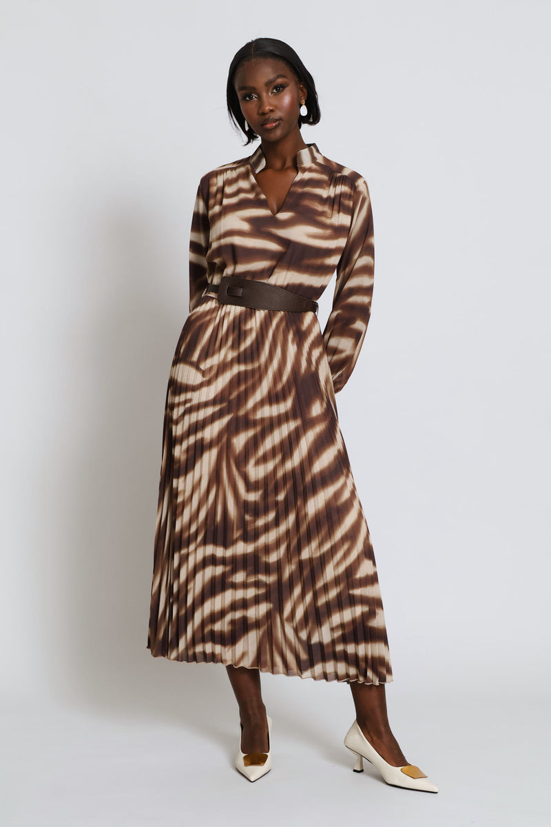 V-Neck Belted Pleated Maxi Shirt Dress - Brown