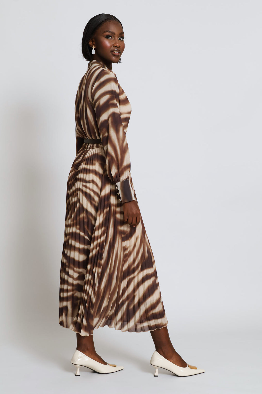 V-Neck Belted Pleated Maxi Shirt Dress - Brown