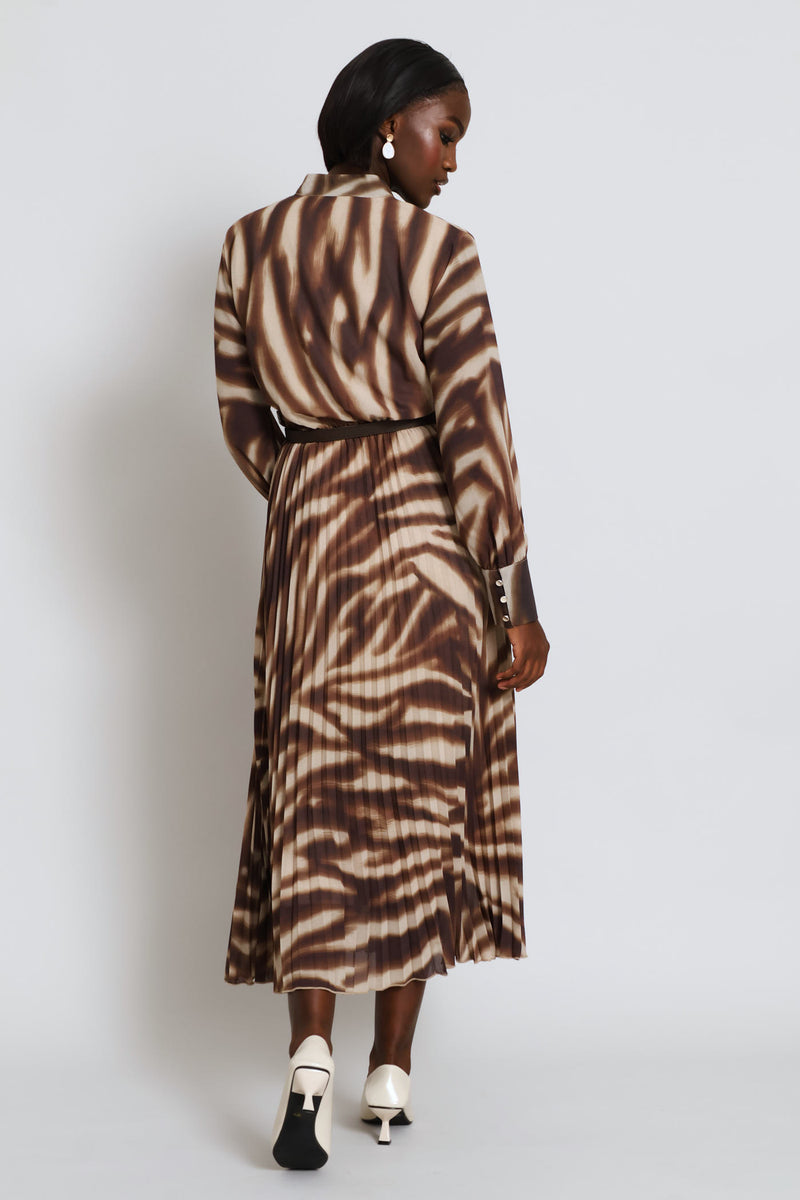 V-Neck Belted Pleated Maxi Shirt Dress - Brown