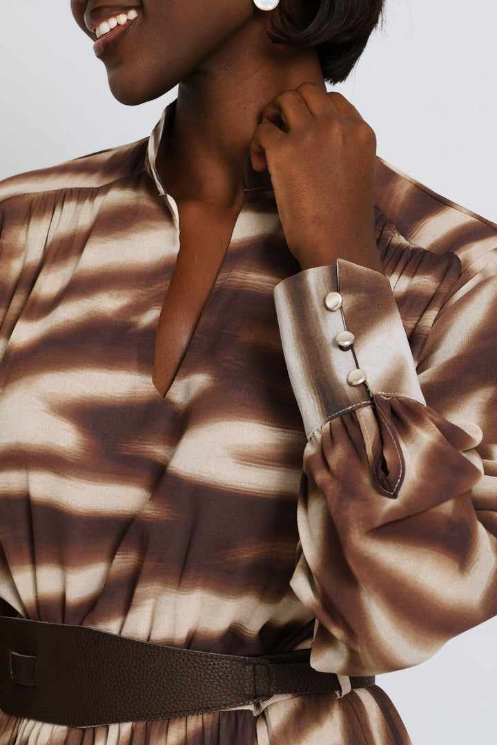 V-Neck Belted Pleated Maxi Shirt Dress - Brown