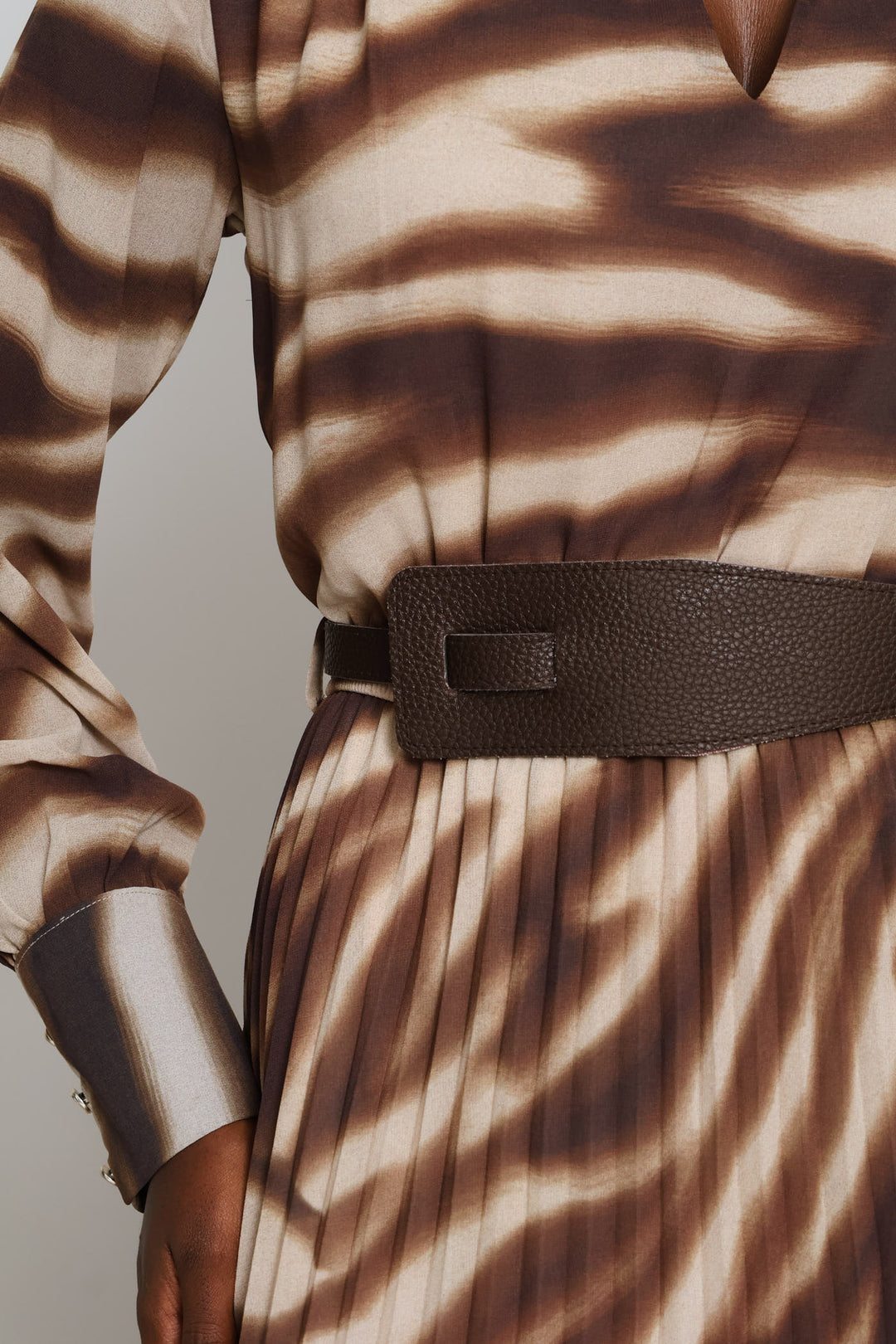 V-Neck Belted Pleated Maxi Shirt Dress - Brown