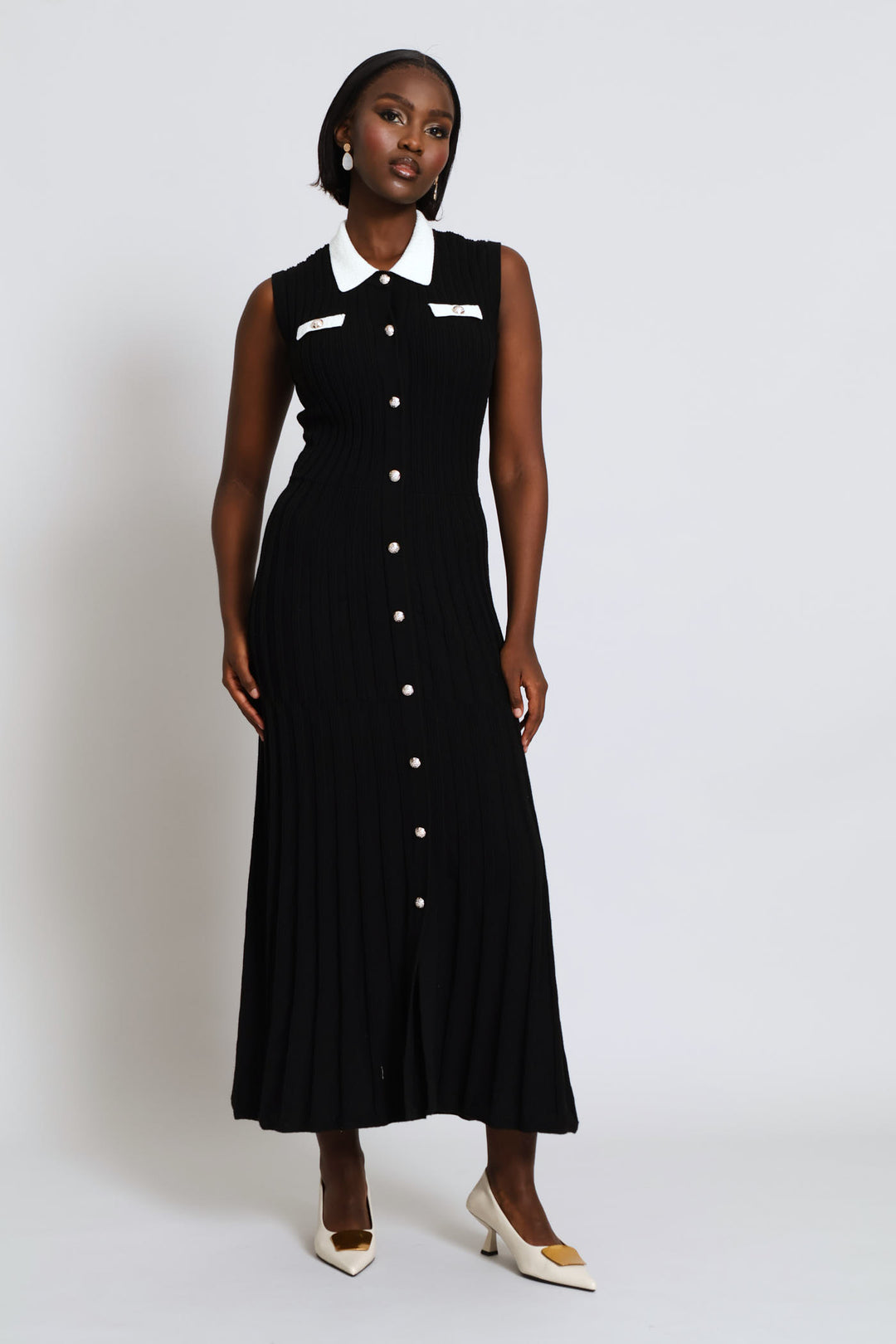 Button Through Preppy Knitwear Maxi Dress - Black/Cream