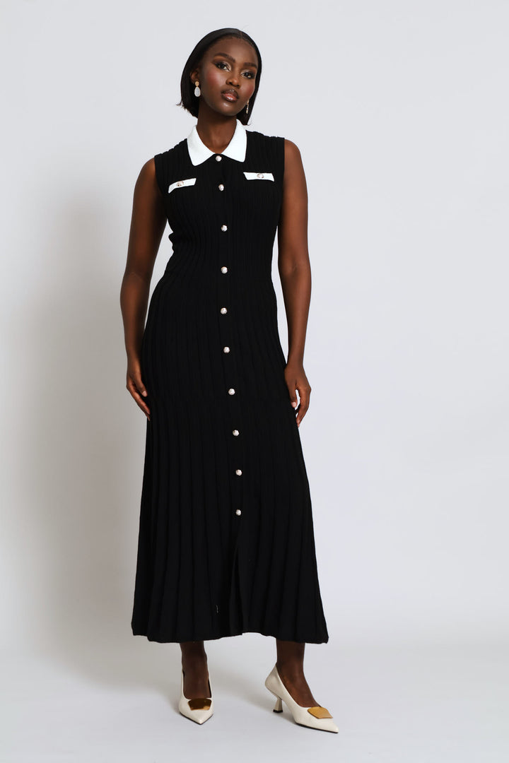 Button Through Preppy Knitwear Maxi Dress - Black/Cream