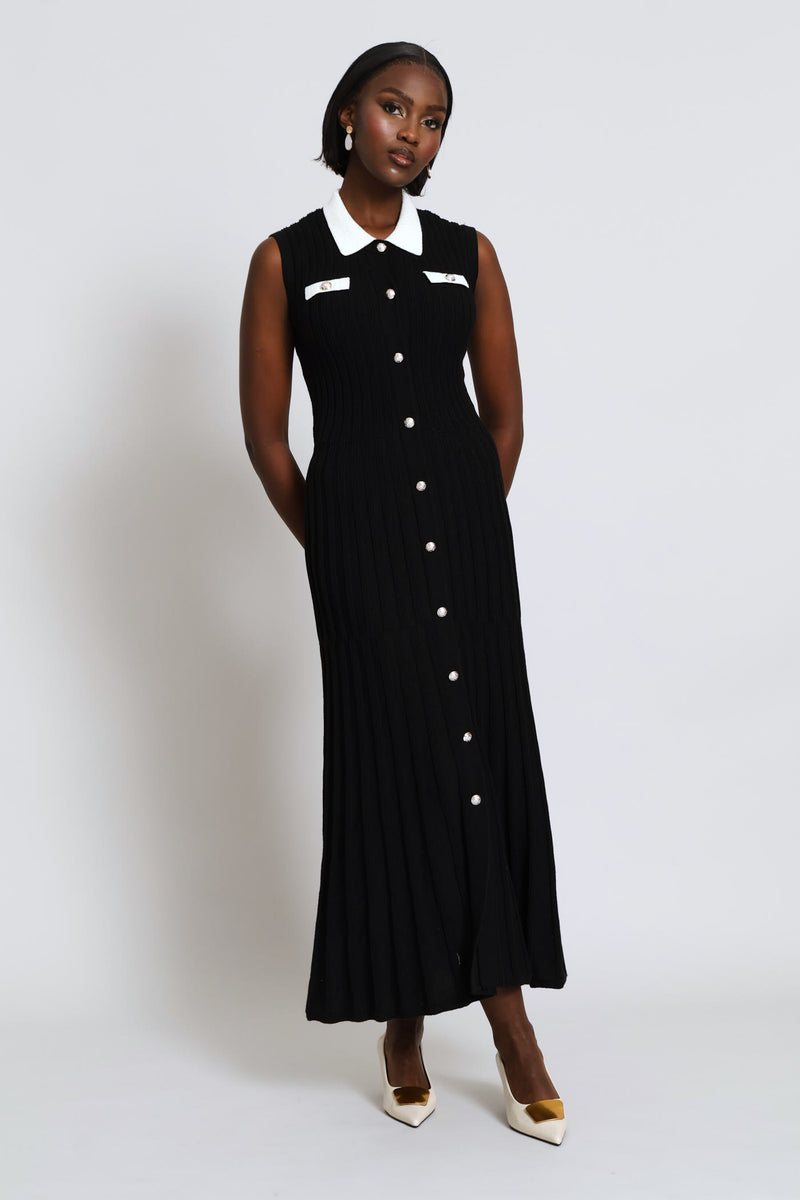 Button Through Preppy Knitwear Maxi Dress - Black/Cream